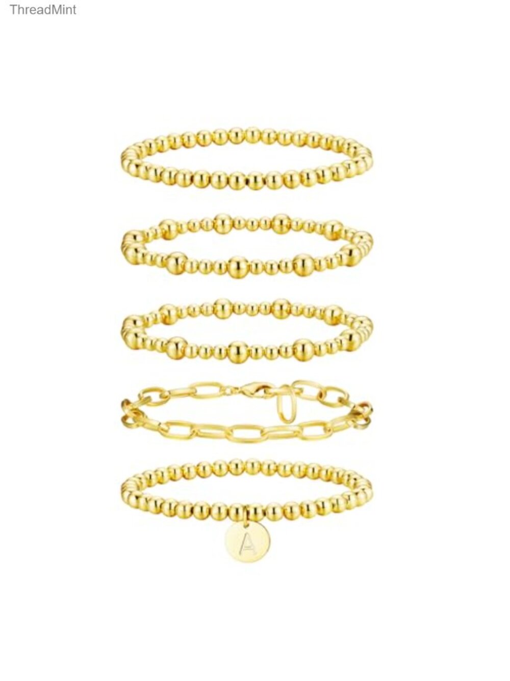 18K Gold Plated Initial A-Z Stretch Bead Ball Stackable Bracelet Set